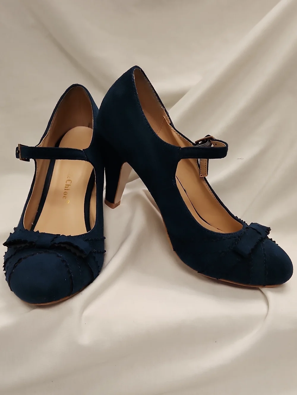 🦋 Navy Suede Mary Jane Heels With Bow Accent Sz 7